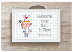 Chef Busy Cooking Hanging Metal or Wood Sign: Add Own Text to Personalise