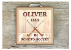 Gone to Hockey personalised hanging sign in wood or metal.  Handmade at www.honeymellow.com