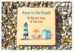 Gone to the Beach personalised hanging rustic maple wood sign at Honeymellow