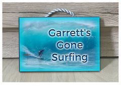 Wood or metal Gone Surfing or Add your own name or text to our personalised, handmade sign at www.honeymellow.com