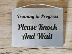 Do Not Disturb / Please Knock and Wait Reversible Personalised Hanging Metal Signs for Shops, Restaurants, Business at www.honeymellow.com