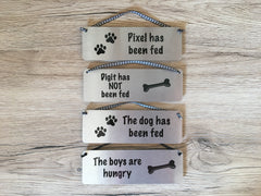 Dog has been fed / not fed reversible sign handmade at www.honeymellow.com