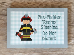 Fire fighter sleeping personalised sign in wood or metal.  Custom-made at www.honeymellow.com