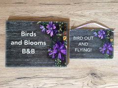 Add Text to our Lilac Flowers Wood Effect Blank Sign in Wood or Metal