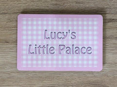 Add Text to Gingham Design Blank Signs in Silver, Green, Pink or Blue