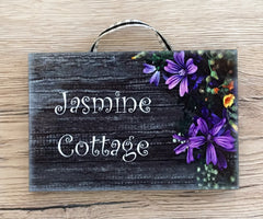 Add Text to our Lilac Flowers Wood Effect Blank Sign in Wood or Metal
