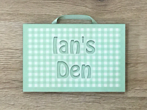 Add Text to Gingham Design Blank Signs in Silver, Green, Pink or Blue