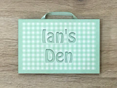 Add Text to Gingham Design Blank Signs in Silver, Green, Pink or Blue