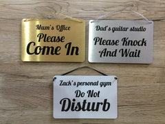 Do Not Disturb, Come In, Please Knock Reversible Hanging Metal Signs in Silver, Gold or White