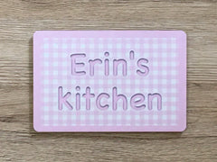 Add Text to Gingham Design Blank Signs in Silver, Green, Pink or Blue