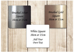 Aluminium Square 10cm or 15cm Brushed Silver, Gold or White Blank Sign Personalise at Honeymellow