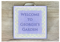 Add text to square wood blue lace sign. Custom made at www.honeymellow.com