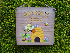 Personalised Metal Wood Effect Bee Sign: Custom Made at Honeymellow