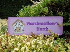 Colour personalised metal bespoke rabbit hutch name signs in cream, pink, blue and green. Buy online at www.honeymellow.com