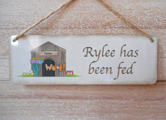 DOG HAS BEEN FED Double-Sided Personalised Sign at Honeyemllow