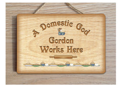 Domestic God Works Here Personalised Wood Effect Rustic Metal or Wooden Kitchen Sign at www.honeymellow.com