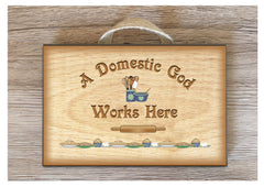 Domestic God Works Here Personalised Wood Effect Rustic Metal or Wooden Kitchen Sign at www.honeymellow.com