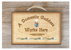 Domestic God Works Here Personalised Wood Effect Rustic Metal or Wooden Kitchen Sign at www.honeymellow.com