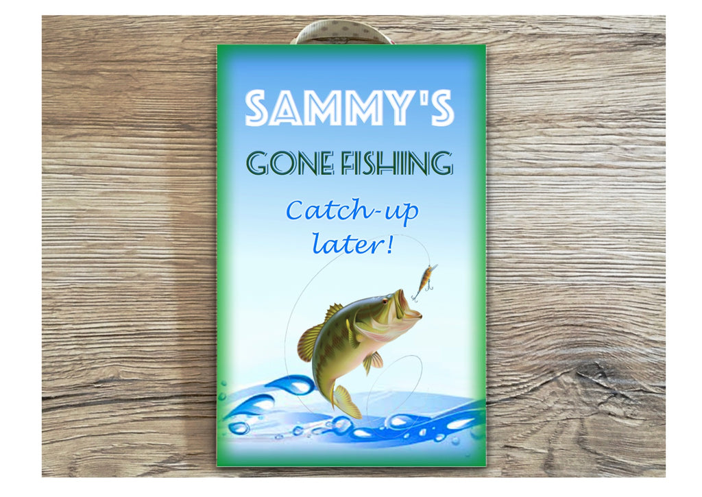 Gone fishing personalised sign in wood or metal at www.honeymellow.com