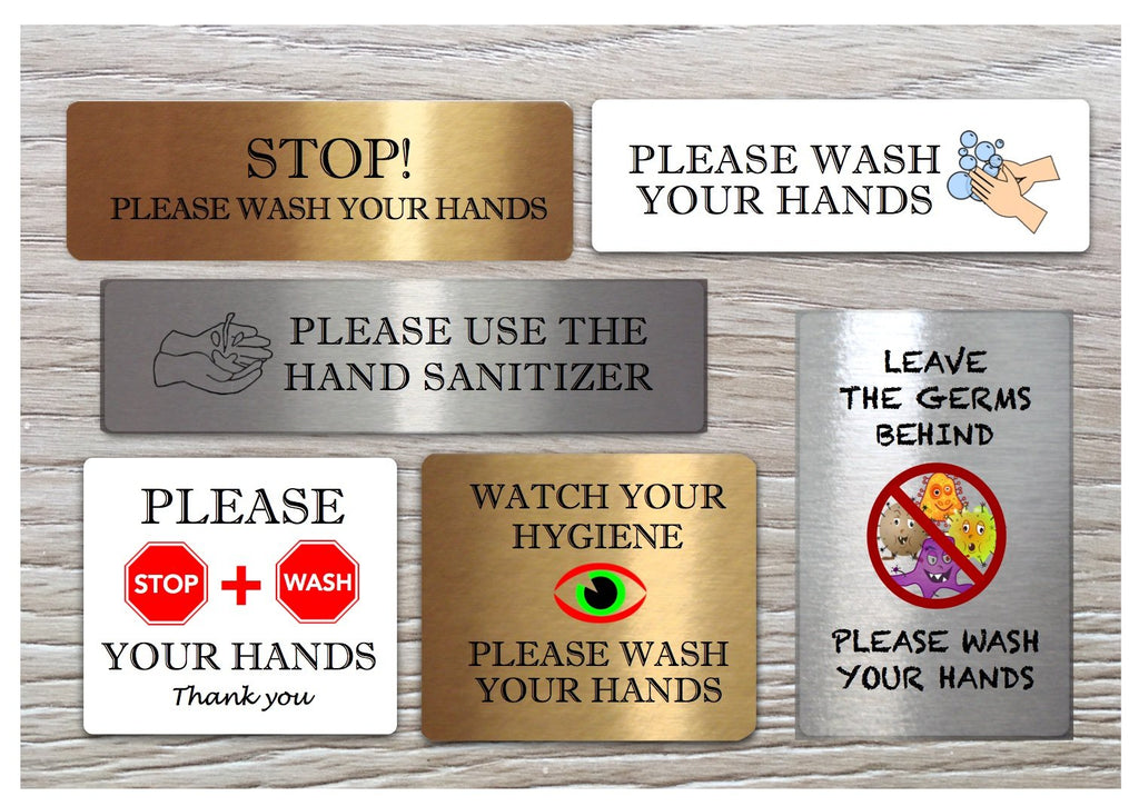Hand-washing / Use hand sanitiser bathroom door wall metal signs: custom-made at www.honeymellow.com