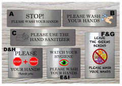 Silver Hand-washing / Use hand sanitiser bathroom door wall metal signs: custom-made at www.honeymellow.com