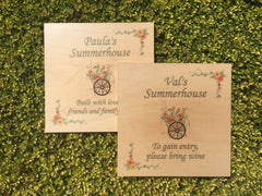 MAPLE WOOD Summerhouse Wheelbarrow Sign: Bespoke Personalised Wall Plaque