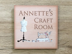 Add wording to Craft or Sewing Room Door Sign in Wood or Metal at www.honeymellow.com
