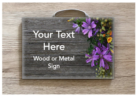 Add Text to our Lilac Flowers Wood Effect Blank Sign in Wood or Metal