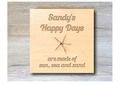 MAPLE WOOD Happy Days are Sun Sea and Sand Square Sign: Bespoke Personalised Wall Plaque