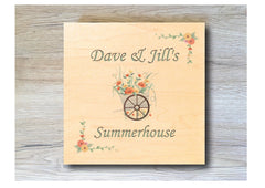 MAPLE WOOD Summerhouse Wheelbarrow Sign: Bespoke Personalised Wall Plaque