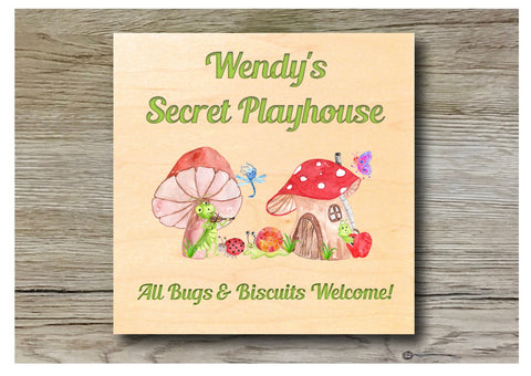 MAPLE WOOD Bug Toadstool House Sign: Bespoke Personalised Wall Plaque