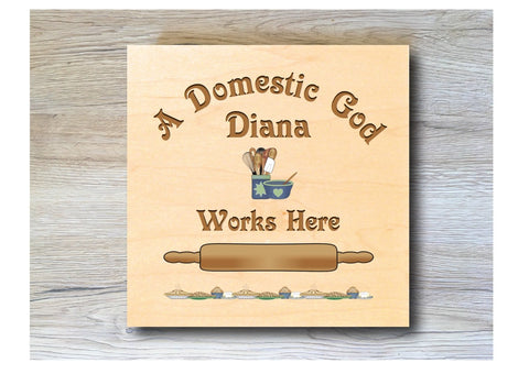 MAPLE WOOD Domestic God Square Sign: Bespoke Personalised Wall Plaque