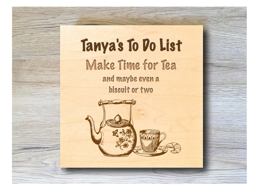 TIME FOR TEA personalised hanging rustic maple wood sign at Honeymellow