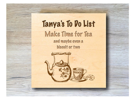 MAPLE WOOD Time for Tea Square Sign: Bespoke Personalised Wall Plaque
