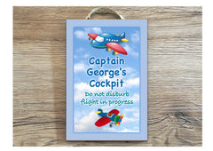 Custom made child's aeroplane sign made of wood or metal with your own text at www.honeymellow.com