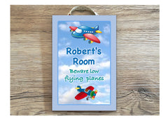 Custom made child's aeroplane sign made of wood or metal with your own text at www.honeymellow.com