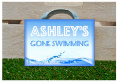 Gone Swimming Bespoke Personalised Metal or Wood Sign Handmade at www.honeymellow.com