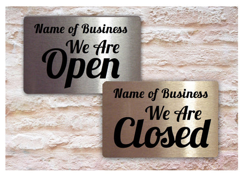 Open and Closed Reversible Italic Hanging Metal Signs in Silver, Gold or White