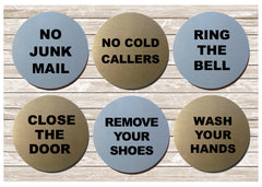 Please ring the bell. No junk mail. No cold callers. Close the door: brushed silver vital sign: custom made at Honeymellow