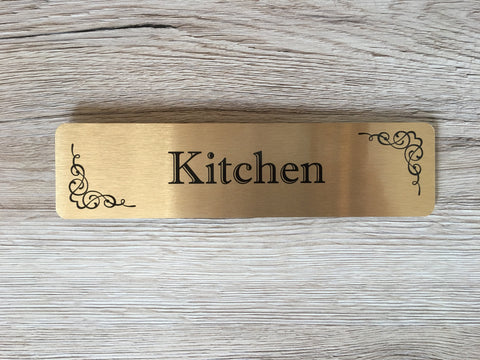 Flourish Room Signs in  Brushed Silver, Gold and White Metal