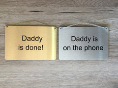 Add your text to double-sided hanging metal sign in brushed silver, gold or white.  Custom-made at honeymellow.com 