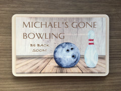 Gone Bowling Personalised Door Sign in metal.  Handmade at www.honeymellow.com