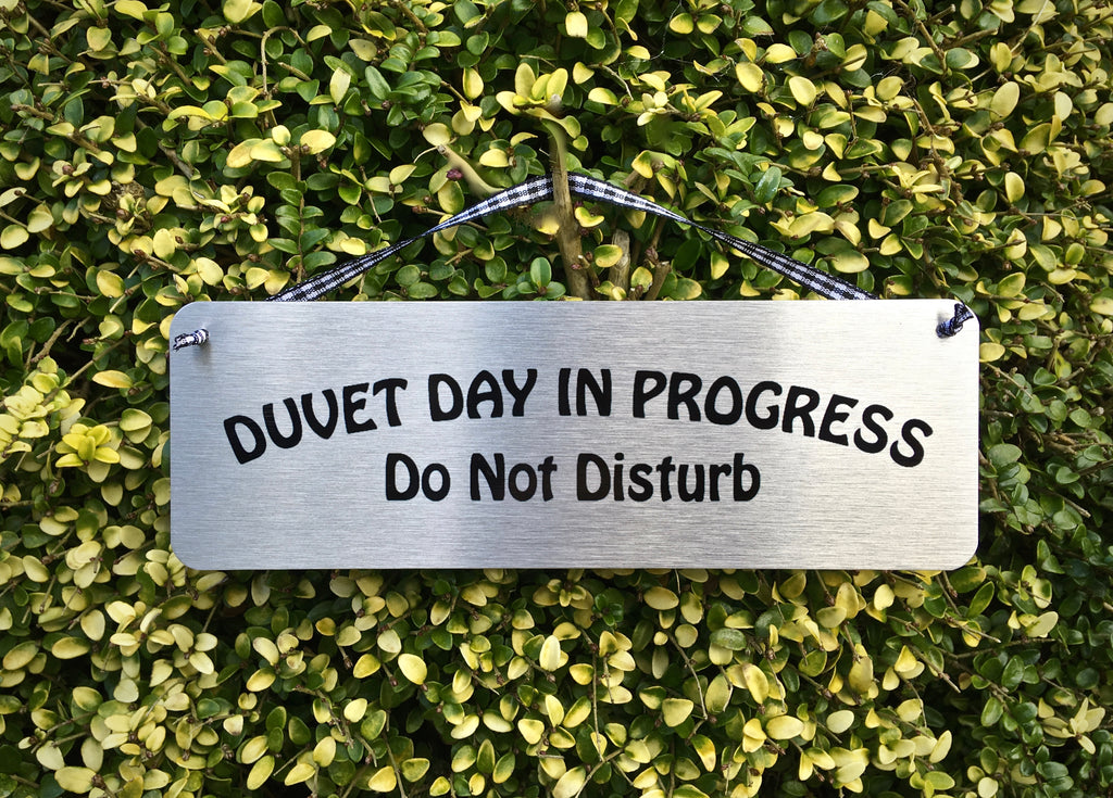 Duvet Day in Progress: Do Not Disturb Silver Hanging Sign at www.honeymellow.com