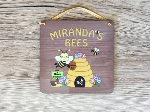 Bee Sign: Personalised Wood Effect Metal Plaque for all Beekeepers