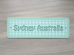 Add Text to Gingham Design Blank Signs in Silver, Green, Pink or Blue