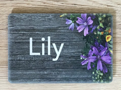 Add Text to our Lilac Flowers Wood Effect Blank Sign in Wood or Metal