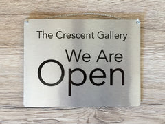 Open and Closed Reversible Italic Hanging Metal Signs in Silver, Gold or White