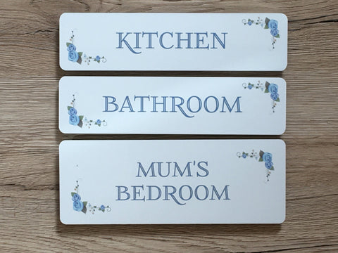 BLUE ROSEBUD Room Signs OR Add Your Own Text