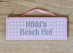 Add Text to Gingham Design Blank Signs in Silver, Green, Pink or Blue